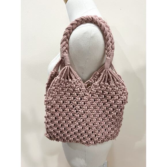 Womens Boho Braided Mini Shoulder Bag Mauve Blush Pink Valentines Beach Macramé - Picture 2 of 4